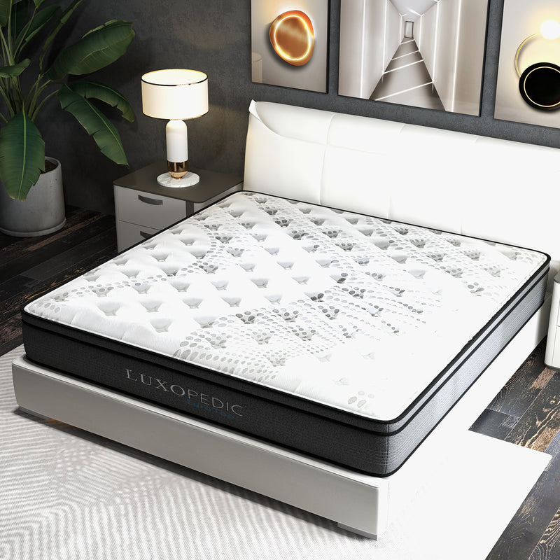 Dealsmate Luxopedic Pocket Spring Mattress 5 Zone 32CM Euro Top Memory Foam Medium Firm - King - White  Grey