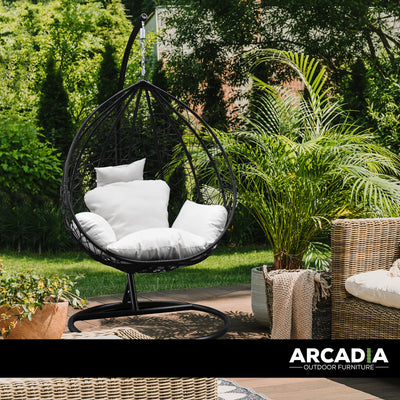 Dealsmate Arcadia Furniture Rocking Egg Chair Outdoor Wicker Rattan Patio Garden Tear Drop - Black and Cream