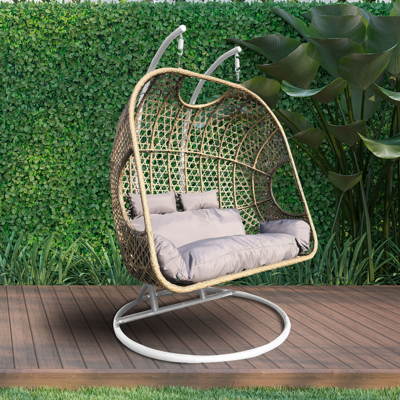 Dealsmate Arcadia Furniture 2 Seater Rocking Egg Chair Outdoor Wicker Rattan Patio Garden - Brown and Grey