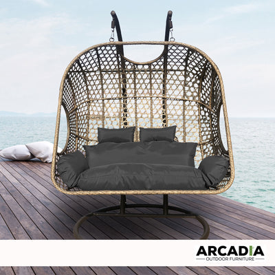 Dealsmate Arcadia Furniture 2 Seater Rocking Egg Chair Outdoor Wicker Rattan Patio Garden - Oatmeal and Grey