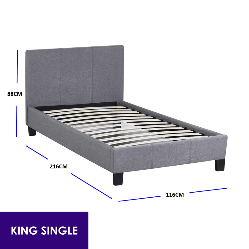 Dealsmate Milano Sienna Luxury Bed Frame Base And Headboard Solid Wood Padded Linen Fabric - King Single - Grey