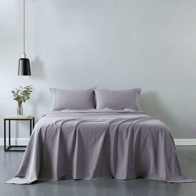 Dealsmate Royal Comfort Vintage Washed 100% Cotton Sheet Set Fitted Flat Sheet Pillowcases - Single - Grey