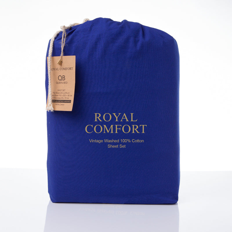 Dealsmate Royal Comfort Vintage Washed 100% Cotton Sheet Set Fitted Flat Sheet Pillowcases - Double - Royal Blue