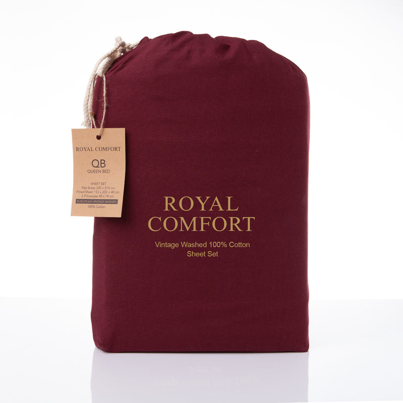 Dealsmate Royal Comfort Vintage Washed 100% Cotton Sheet Set Fitted Flat Sheet Pillowcases - Double - Mulled Wine