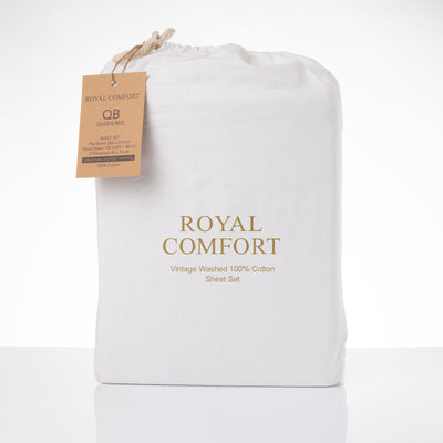 Dealsmate Royal Comfort Vintage Washed 100% Cotton Sheet Set Fitted Flat Sheet Pillowcases - Queen - White