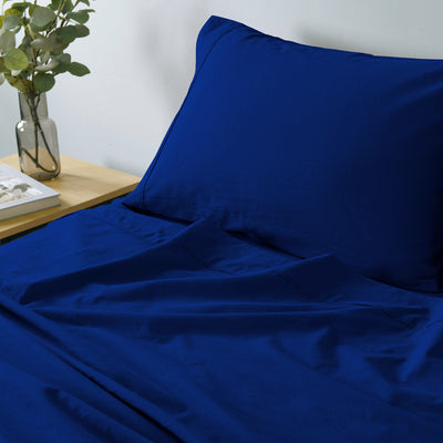 Dealsmate Royal Comfort Vintage Washed 100% Cotton Sheet Set Fitted Flat Sheet Pillowcases - Queen - Royal Blue