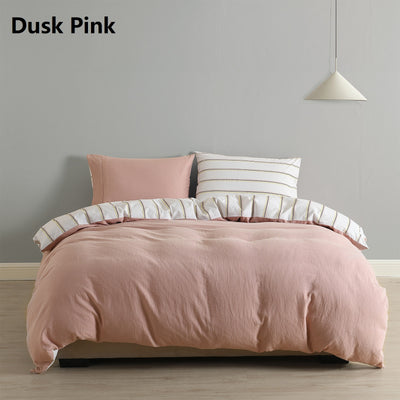 Dealsmate Royal Comfort Hemp Braid Cotton Blend Quilt Cover Set Reverse Stripe Bedding - Queen - Dusk Pink