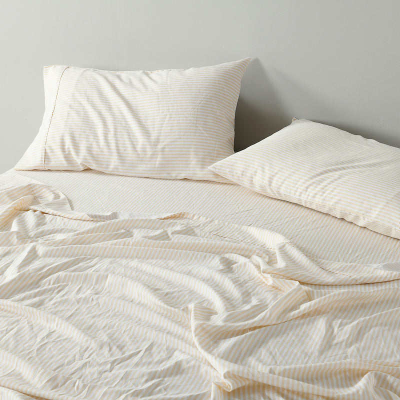 Dealsmate Royal Comfort Stripes Linen Blend Sheet Set Bedding Luxury Breathable Ultra Soft - Queen - Beige