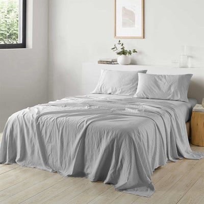 Dealsmate Royal Comfort Stripes Linen Blend Sheet Set Bedding Luxury Breathable Ultra Soft - Queen - Grey