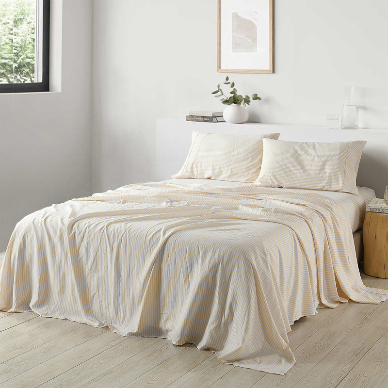 Dealsmate Royal Comfort Stripes Linen Blend Sheet Set Bedding Luxury Breathable Ultra Soft - King - Beige