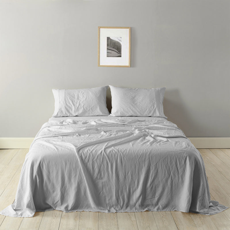 Dealsmate Royal Comfort Stripes Linen Blend Sheet Set Bedding Luxury Breathable Ultra Soft - King - Grey