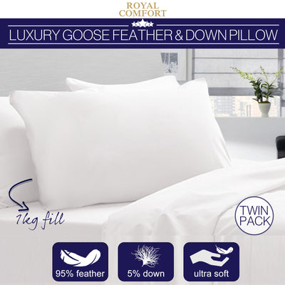 Dealsmate Royal Comfort Goose Down Feather Pillows 1000GSM 100% Cotton Cover - Twin Pack