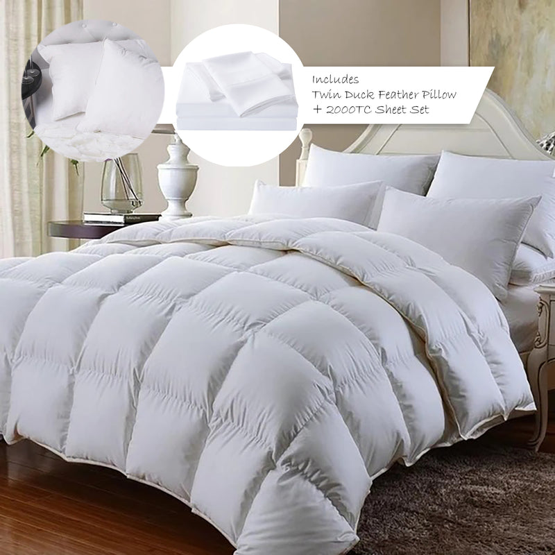 Dealsmate Royal Comfort 350GSM Bamboo Quilt  2000TC Sheet Set And 2 Pack Duck Pillows Set - Queen - White