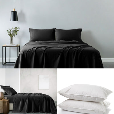 Dealsmate Royal Comfort 100% Cotton Vintage Sheet Set And 2 Duck Feather Down Pillows Set - Double - Charcoal