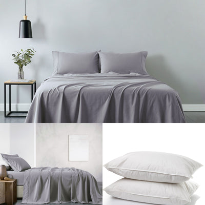 Dealsmate Royal Comfort 100% Cotton Vintage Sheet Set And 2 Duck Feather Down Pillows Set - Double - Grey