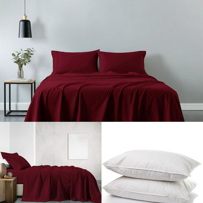 Dealsmate Royal Comfort 100% Cotton Vintage Sheet Set And 2 Duck Feather Down Pillows Set - Double - Mulled Wine