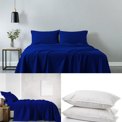 Dealsmate Royal Comfort 100% Cotton Vintage Sheet Set And 2 Duck Feather Down Pillows Set - Double - Royal Blue