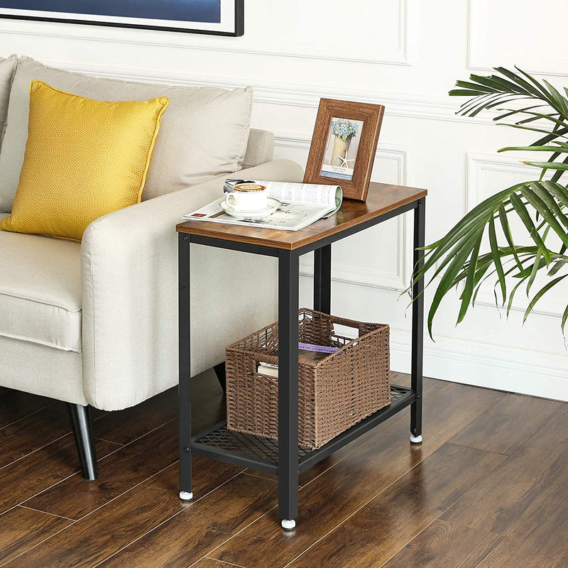 Dealsmate Industrial Side Table 2-Tier With Mesh and Metal Frame Rustic Brown