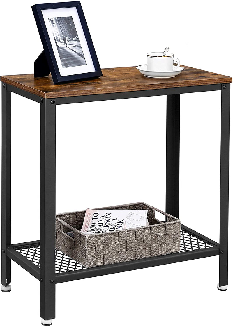 Dealsmate Industrial Side Table 2-Tier With Mesh and Metal Frame Rustic Brown