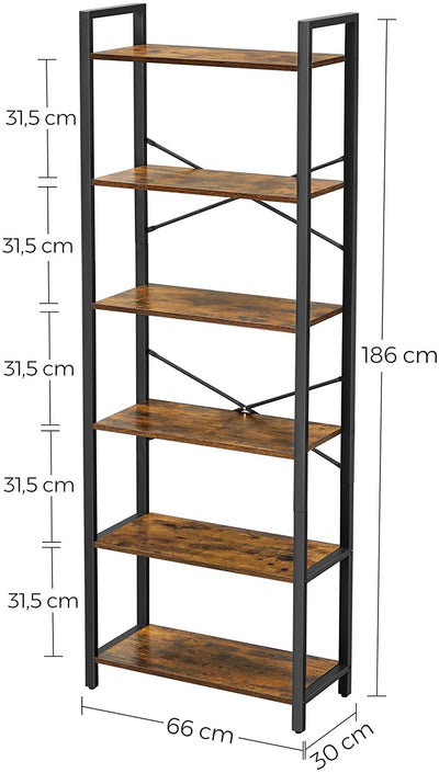 Dealsmate 6-Tier Storage Rack with Industrial Style Steel Frame  Rustic Brown and Black, 186 cm High