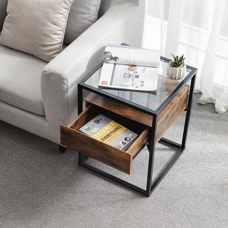 Dealsmate Tempered Glass End Table with Drawer and Rustic Shelf  Stable Iron Frame 