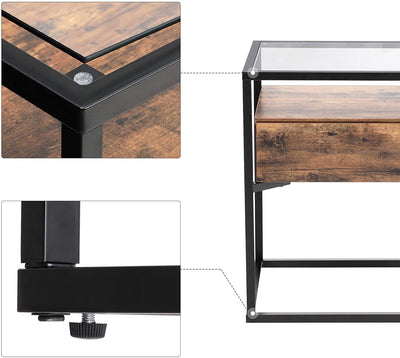 Dealsmate Tempered Glass End Table with Drawer and Rustic Shelf  Stable Iron Frame 
