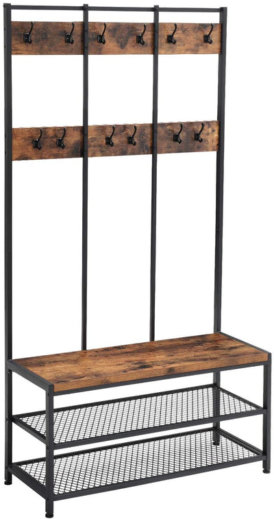 Dealsmate Large Coat Rack Stand with 12 Hooks and Shoe Bench Rustic Brown and Black