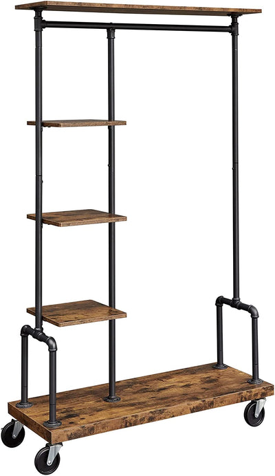 Dealsmate Clothing Garment Rack on Wheels with 5-Tier, Industrial Pipe Style, Rustic Brown