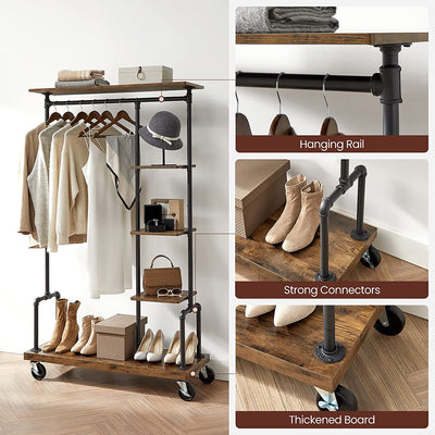 Dealsmate Clothing Garment Rack on Wheels with 5-Tier, Industrial Pipe Style, Rustic Brown