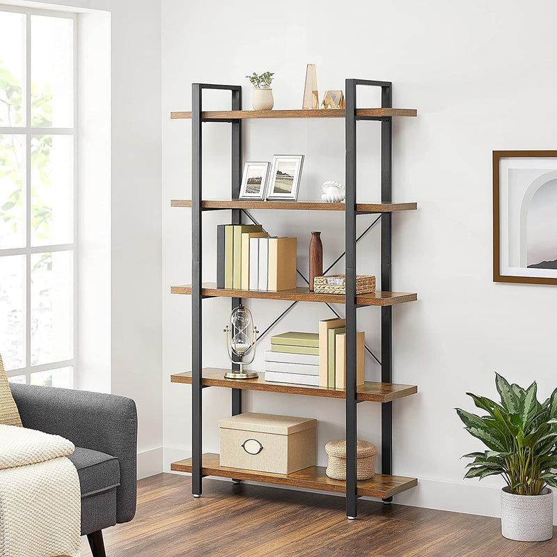 Dealsmate Bookshelf 5-Tier Industrial Stable Bookcase Rustic Brown and Black