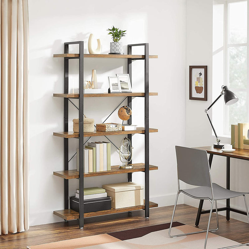 Dealsmate Bookshelf 5-Tier Industrial Stable Bookcase Rustic Brown and Black