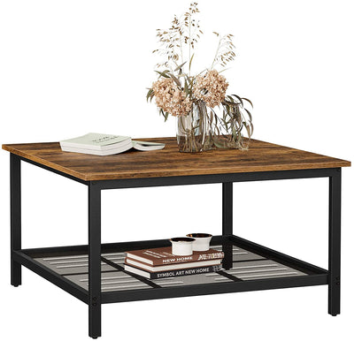 Dealsmate Robust Coffee Table Steel Frame and Mesh Storage Shelf,  Rustic Brown and Black