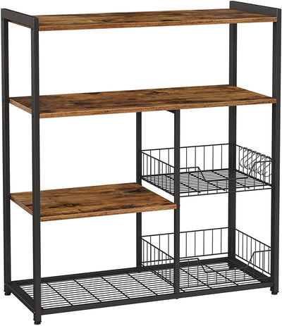 Dealsmate Baker's Rack with 2 Metal Mesh Baskets, Shelves and Hooks, 80 x 35 x 95 cm, Industrial Style, Rustic Brown 