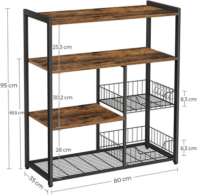 Dealsmate Baker's Rack with 2 Metal Mesh Baskets, Shelves and Hooks, 80 x 35 x 95 cm, Industrial Style, Rustic Brown 