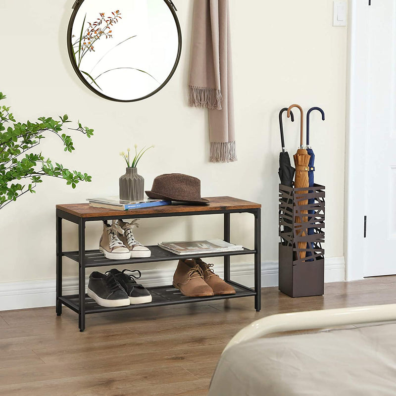Dealsmate Shoe Rack with 2 Mesh Shelves, Rustic Brown and Black