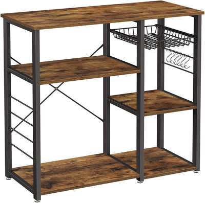 Dealsmate Kitchen Shelf with Steel Frame Wire Basket and 6 Hooks Rustic Brown and Black 