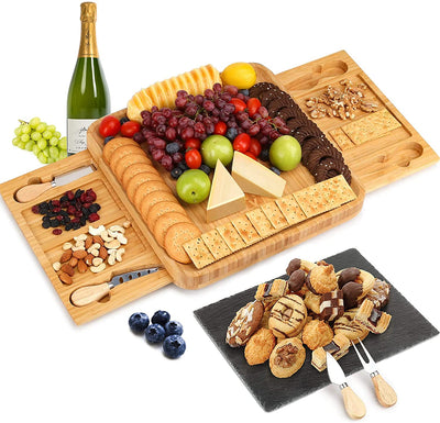 Dealsmate Bamboo Cheese Board Set with Knife Set with 4 Stainless Steel Knife & Thick Wooden tray for Wine Crackers, Brie and Meat