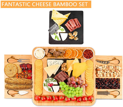 Dealsmate Bamboo Cheese Board Set with Knife Set with 4 Stainless Steel Knife & Thick Wooden tray for Wine Crackers, Brie and Meat
