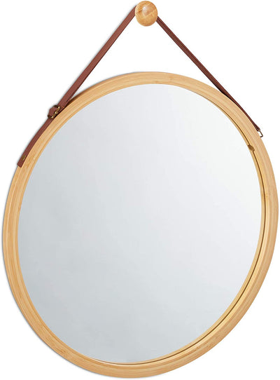 Dealsmate Hanging Round Wall Mirror 38 cm - Solid Bamboo Frame and Adjustable Leather Strap for Bathroom and Bedroom
