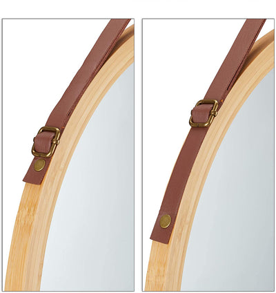Dealsmate Hanging Round Wall Mirror 38 cm - Solid Bamboo Frame and Adjustable Leather Strap for Bathroom and Bedroom