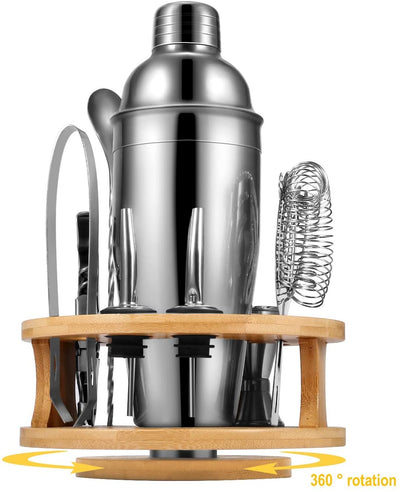 Dealsmate Cocktail Shaker Set Bartender Kit with Rotating Bamboo and 10-Piece Stainless Steel Bar Tool Set