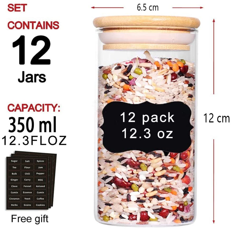Dealsmate 12 Pieces Glass Spice Jars for Kitchen Canisters with Airtight Bamboo Lids and Labels (350 ml)
