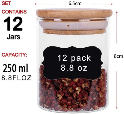 Dealsmate 12 Pieces Glass Spice Jars for Kitchen Canisters with Airtight Bamboo Lids and Labels (250 ml)