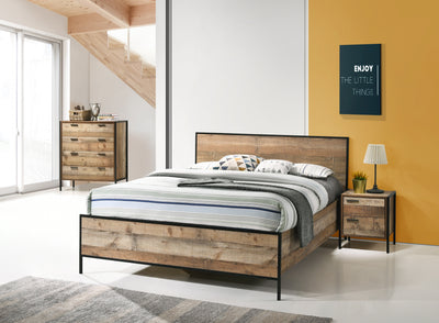 Dealsmate 4 Pieces Bedroom Suite with Particle Board Contraction and Metal Legs Queen Size Oak Colour Bed, Bedside Table & Tallboy
