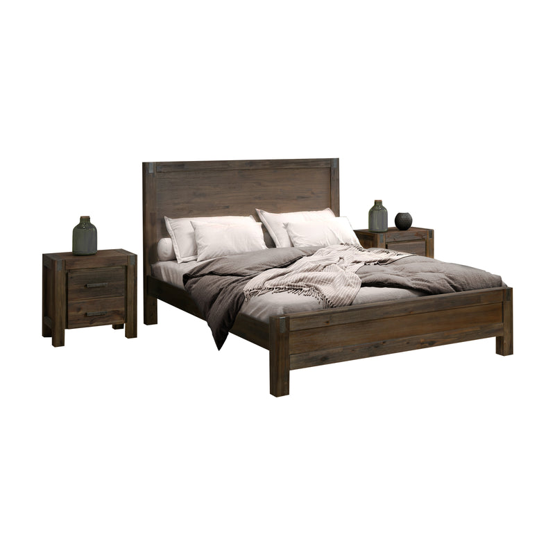 Dealsmate 3 Pieces Bedroom Suite in Solid Wood Veneered Acacia Construction Timber Slat King Size Chocolate Colour Bed, Bedside Table