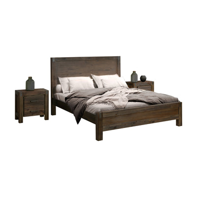 Dealsmate 3 Pieces Bedroom Suite in Solid Wood Veneered Acacia Construction Timber Slat King Size Chocolate Colour Bed, Bedside Table