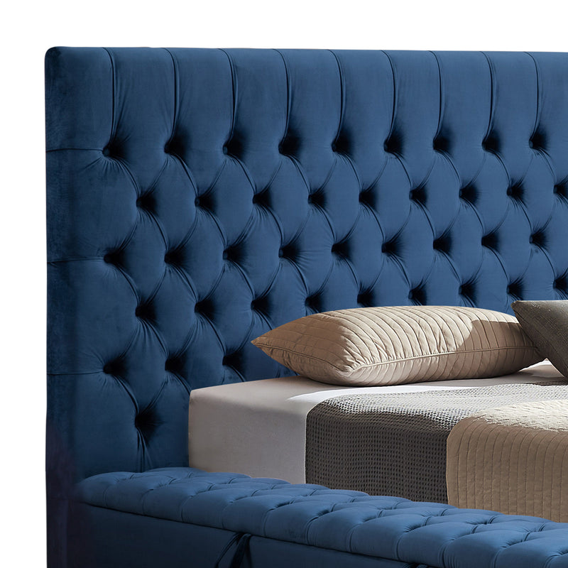 Dealsmate Queen Size Bedframe Velvet Upholstery Deep Blue Colour Tufted Headboard Deep Quilting