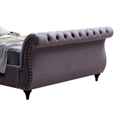 Dealsmate King Size Sleigh Bedframe Velvet Upholstery Grey Colour Tufted Headboard And Footboard Deep Quilting