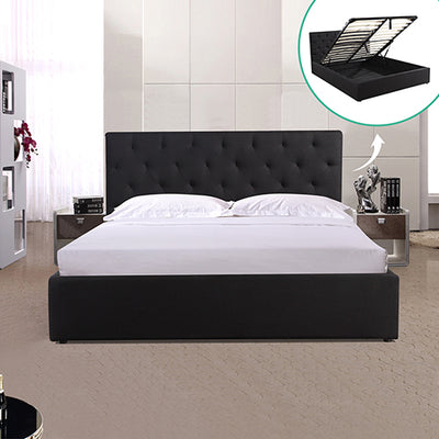 Dealsmate Gas Lift Queen Size Storage Bed Frame Upholstery Fabric in Black Colour with Tufted Headboard