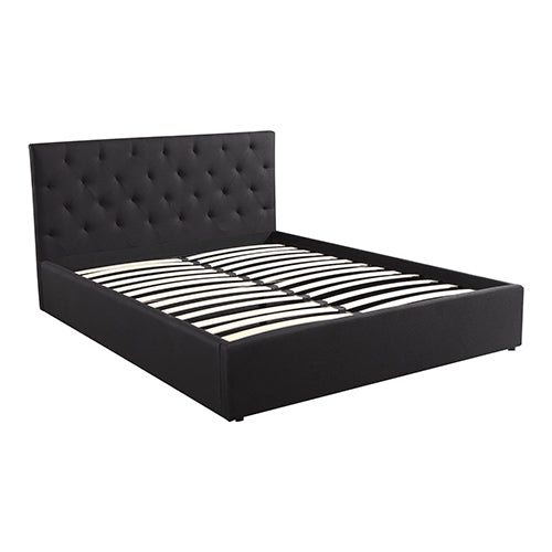 Dealsmate Gas Lift Queen Size Storage Bed Frame Upholstery Fabric in Black Colour with Tufted Headboard